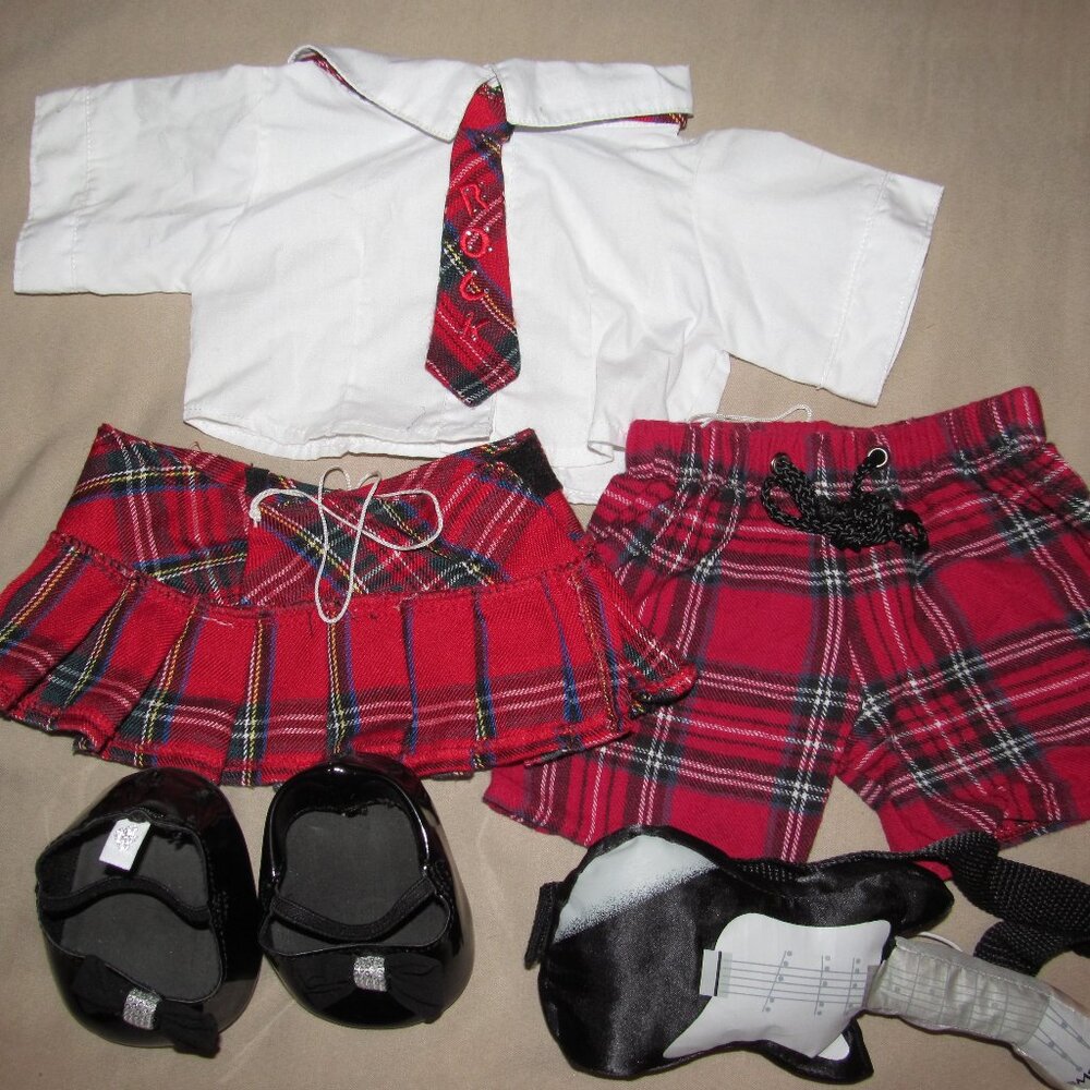 Build A Bear Workshop Vintage Plaid Rock Band School Uniform Outfit + Guitar